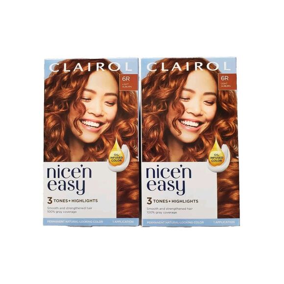2x Clairol Nice'n Easy Permanent Hair Dye 6R Light Auburn Hair Color Set